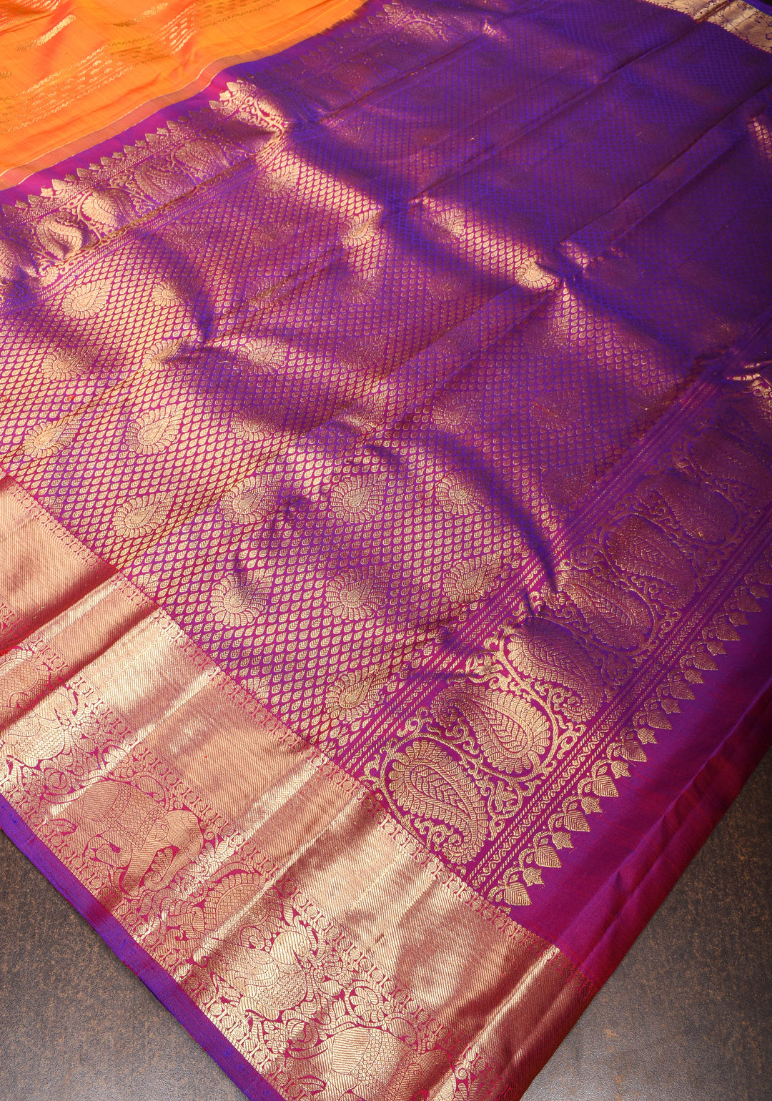 Orange Dual tone Kanjivaram Silk Saree with Zari Stripes, Buttas and contrast Border | SILK MARK CERTIFIED