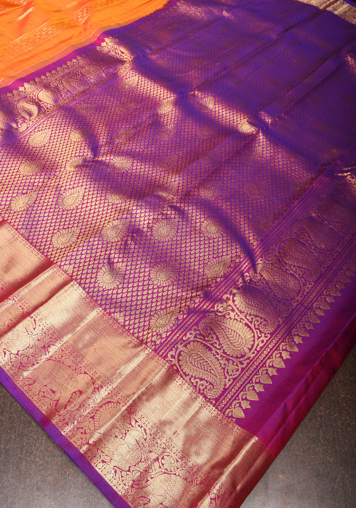 Orange Dual tone Kanjivaram Silk Saree with Zari Stripes, Buttas and contrast Border | SILK MARK CERTIFIED