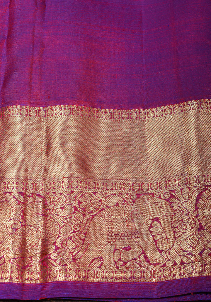 Orange Dual tone Kanjivaram Silk Saree with Zari Stripes, Buttas and contrast Border | SILK MARK CERTIFIED