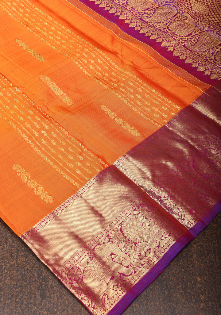 Orange Dual tone Kanjivaram Silk Saree with Zari Stripes, Buttas and contrast Border | SILK MARK CERTIFIED