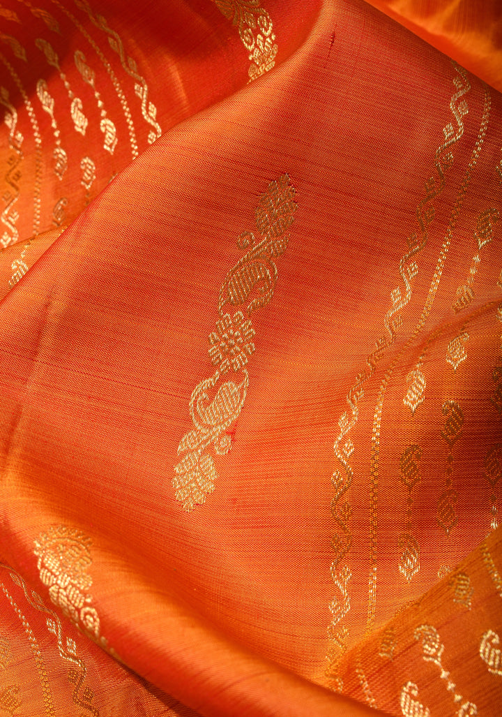 Orange Dual tone Kanjivaram Silk Saree with Zari Stripes, Buttas and contrast Border | SILK MARK CERTIFIED