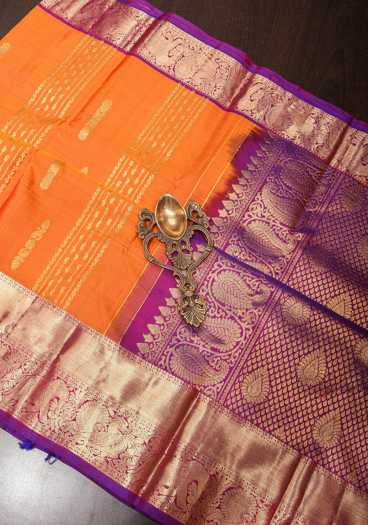 Orange Dual tone Kanjivaram Silk Saree with Zari Stripes, Buttas and contrast Border | SILK MARK CERTIFIED