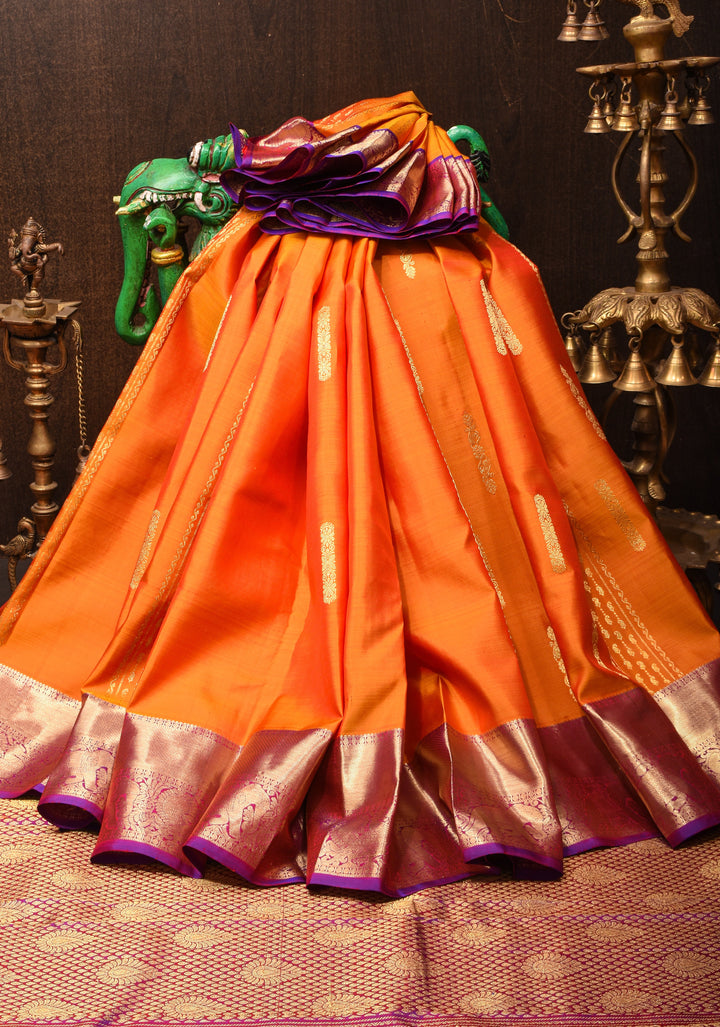 Orange Dual tone Kanjivaram Silk Saree with Zari Stripes, Buttas and contrast Border | SILK MARK CERTIFIED