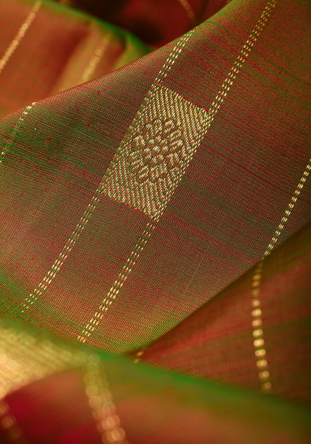 Green Dual tone Kanjivaram Silk Saree with Vertical Stripes and Buttas with Contrast Zari Border | SILK MARK CERTIFIED