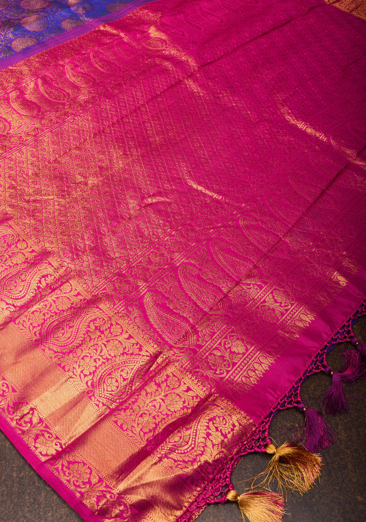 Purple Dual tone Pure Kanjivaram Silk Saree with Meenakari Floral Brocade and Contrast Zari Border | SILK MARK CERTIFIED