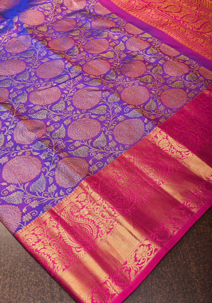 Purple Dual tone Pure Kanjivaram Silk Saree with Meenakari Floral Brocade and Contrast Zari Border | SILK MARK CERTIFIED