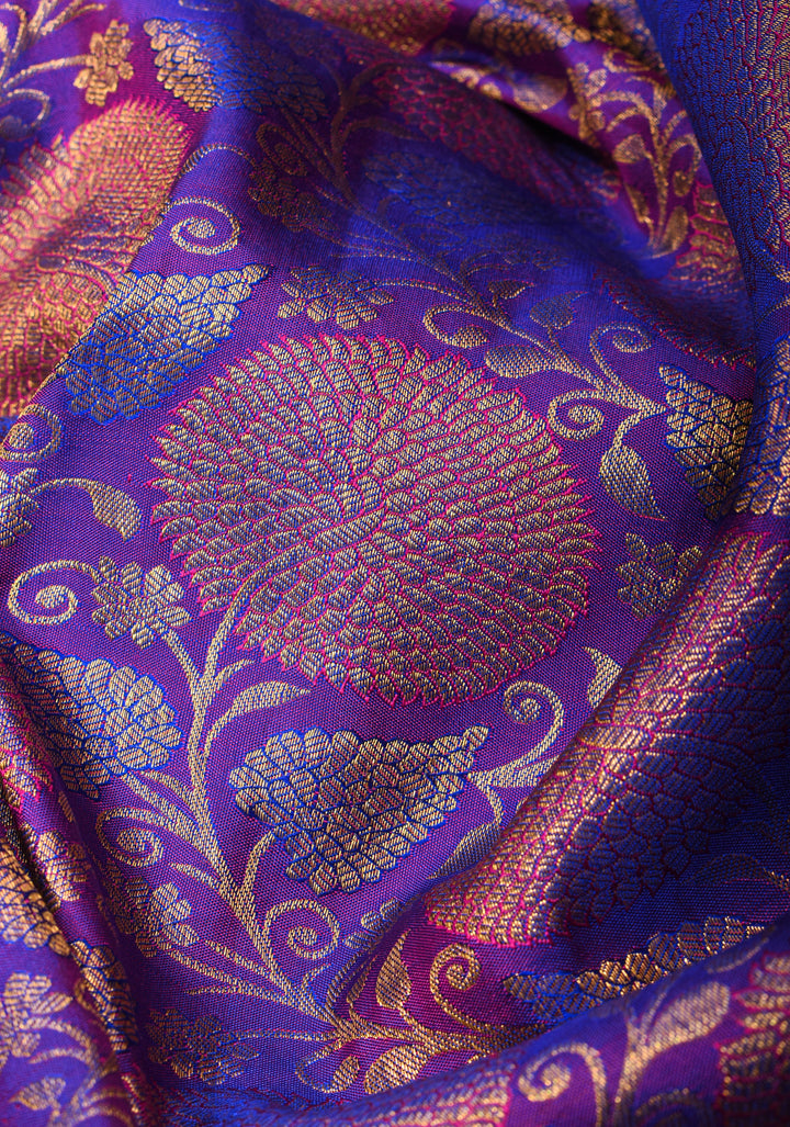 Purple Dual tone Pure Kanjivaram Silk Saree with Meenakari Floral Brocade and Contrast Zari Border | SILK MARK CERTIFIED