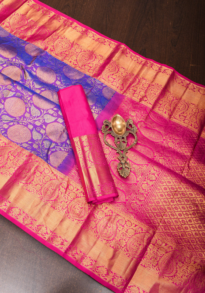 Purple Dual tone Pure Kanjivaram Silk Saree with Meenakari Floral Brocade and Contrast Zari Border | SILK MARK CERTIFIED