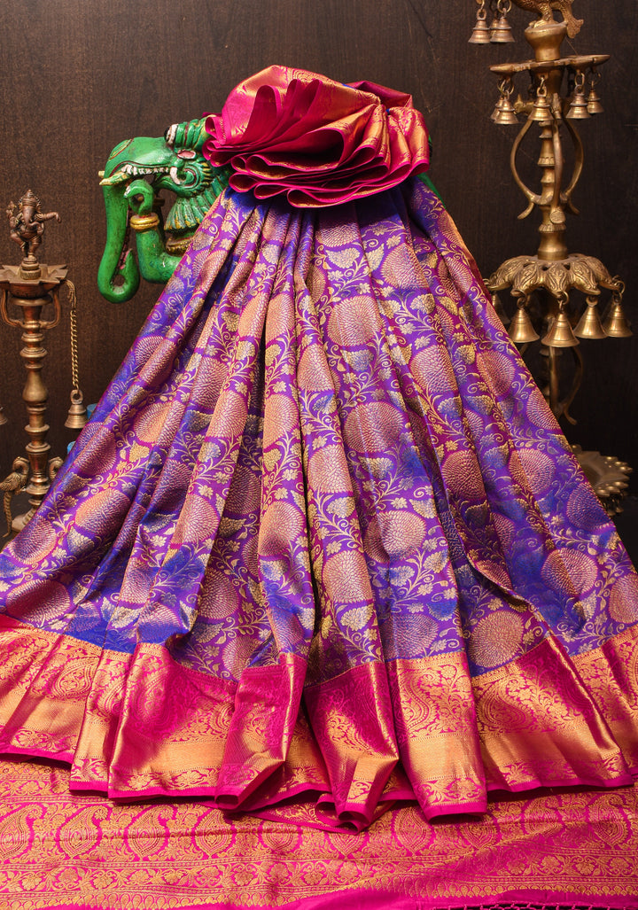 Purple Dual tone Pure Kanjivaram Silk Saree with Meenakari Floral Brocade and Contrast Zari Border | SILK MARK CERTIFIED