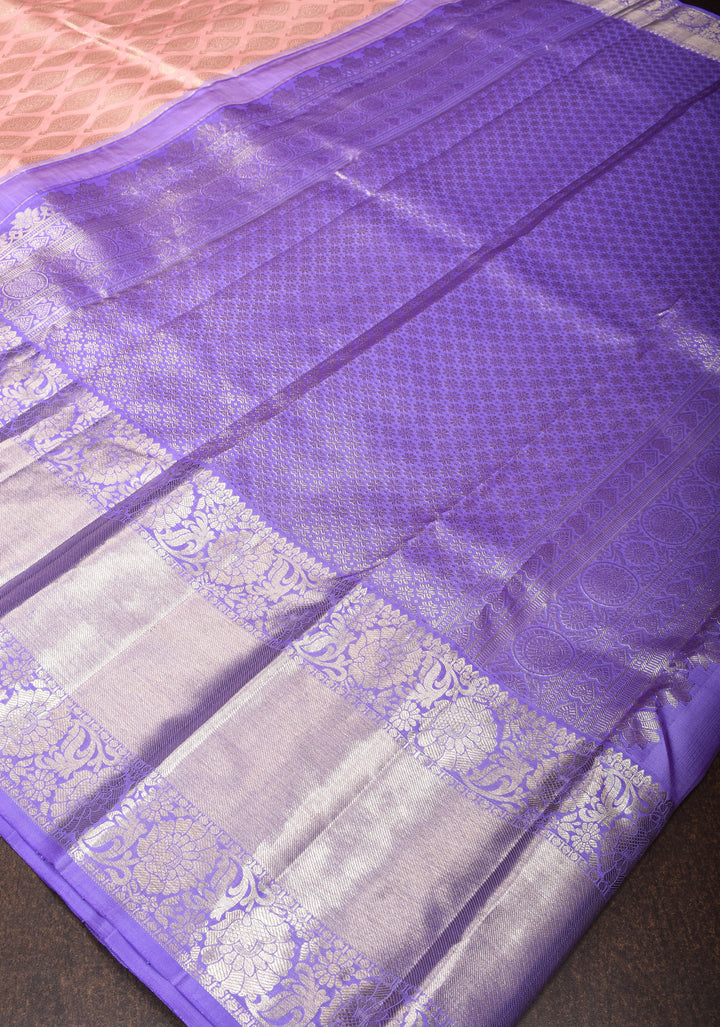 Elegant Flamingo Pink Brocade Kanjivaram Silk Saree with Contrast Purple Zari Border | SILK MARK CERTIFIED