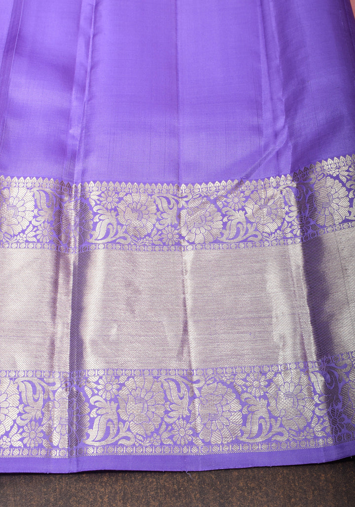 Elegant Flamingo Pink Brocade Kanjivaram Silk Saree with Contrast Purple Zari Border | SILK MARK CERTIFIED