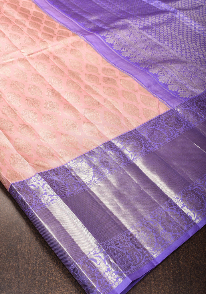 Elegant Flamingo Pink Brocade Kanjivaram Silk Saree with Contrast Purple Zari Border | SILK MARK CERTIFIED