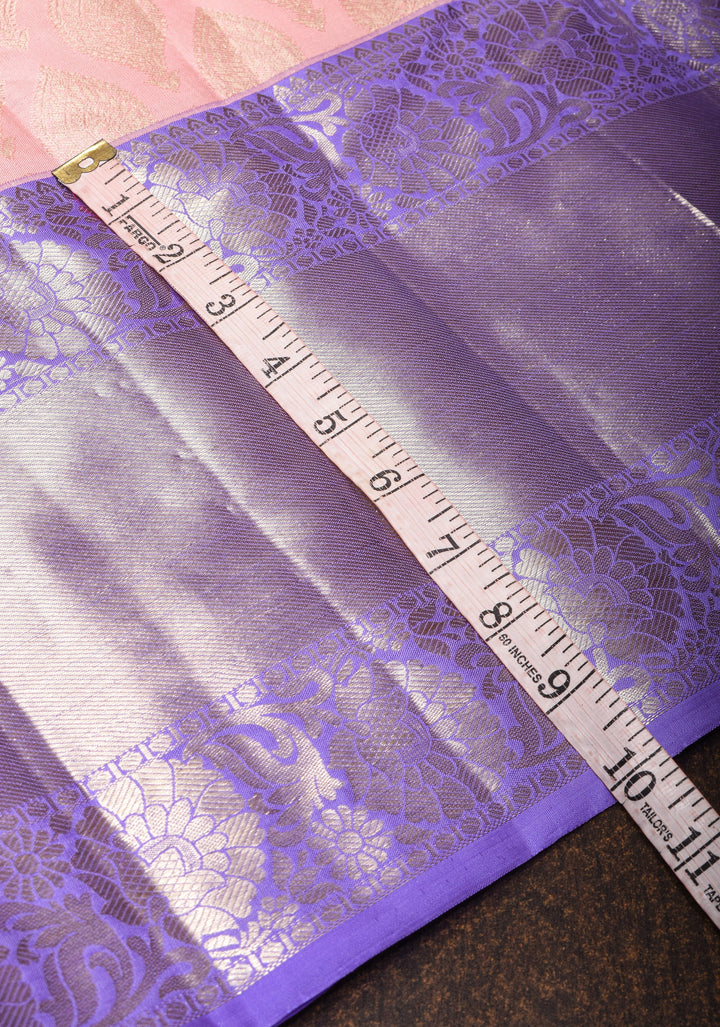 Elegant Flamingo Pink Brocade Kanjivaram Silk Saree with Contrast Purple Zari Border | SILK MARK CERTIFIED
