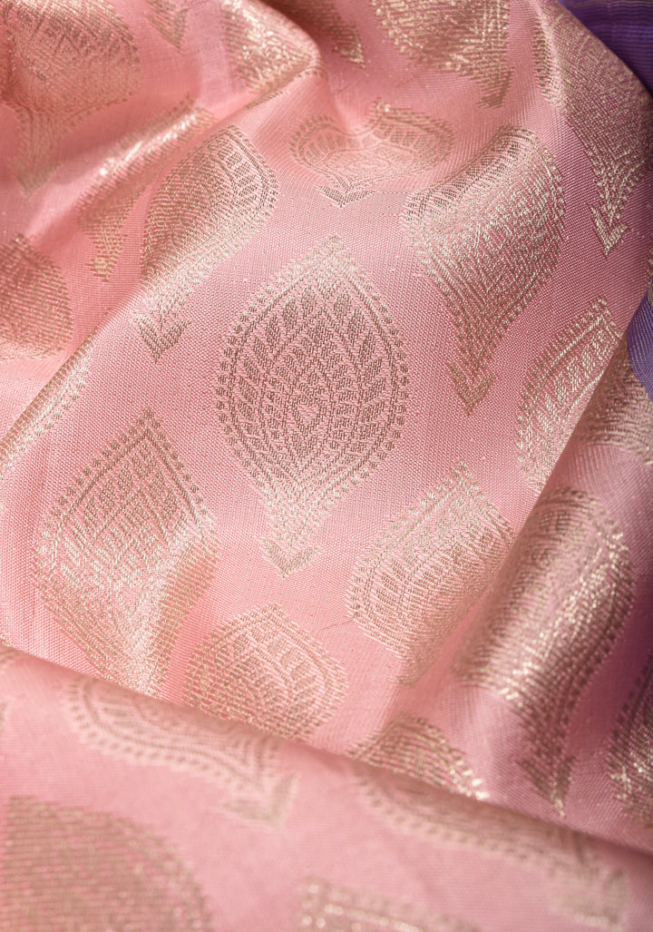 Elegant Flamingo Pink Brocade Kanjivaram Silk Saree with Contrast Purple Zari Border | SILK MARK CERTIFIED