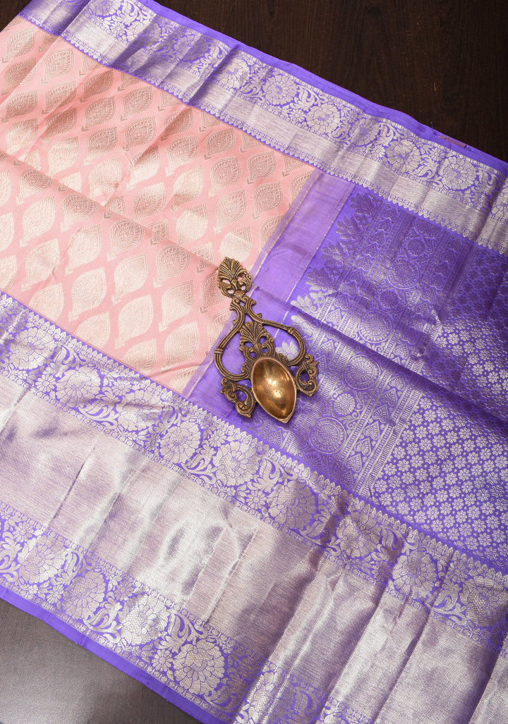 Elegant Flamingo Pink Brocade Kanjivaram Silk Saree with Contrast Purple Zari Border | SILK MARK CERTIFIED