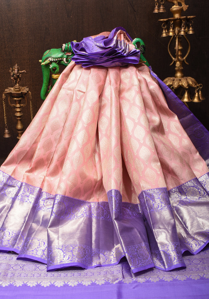 Elegant Flamingo Pink Brocade Kanjivaram Silk Saree with Contrast Purple Zari Border | SILK MARK CERTIFIED