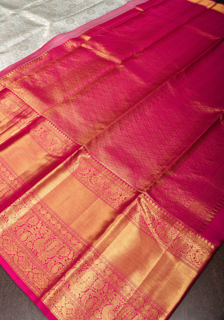 Regal Elegance in Gray Floral Brocade Kanjivaram Silk Saree with Contrast Zari Border | SILK MARK CERTIFIED