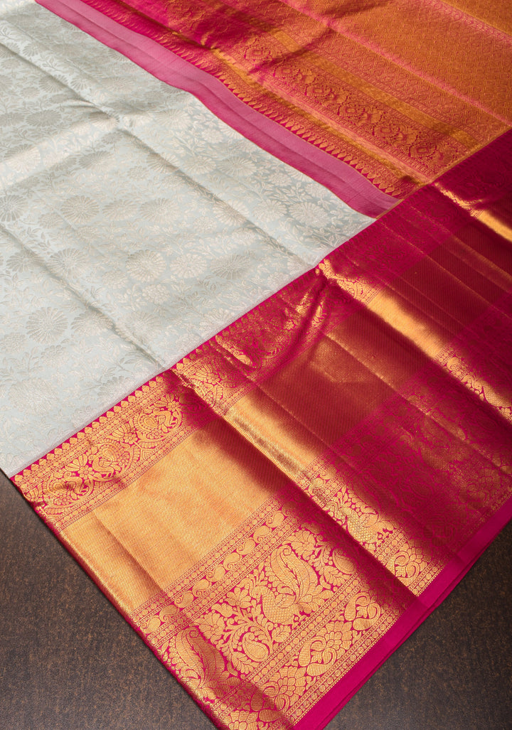 Regal Elegance in Gray Floral Brocade Kanjivaram Silk Saree with Contrast Zari Border | SILK MARK CERTIFIED