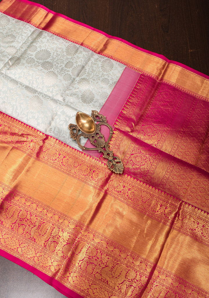 Regal Elegance in Gray Floral Brocade Kanjivaram Silk Saree with Contrast Zari Border | SILK MARK CERTIFIED
