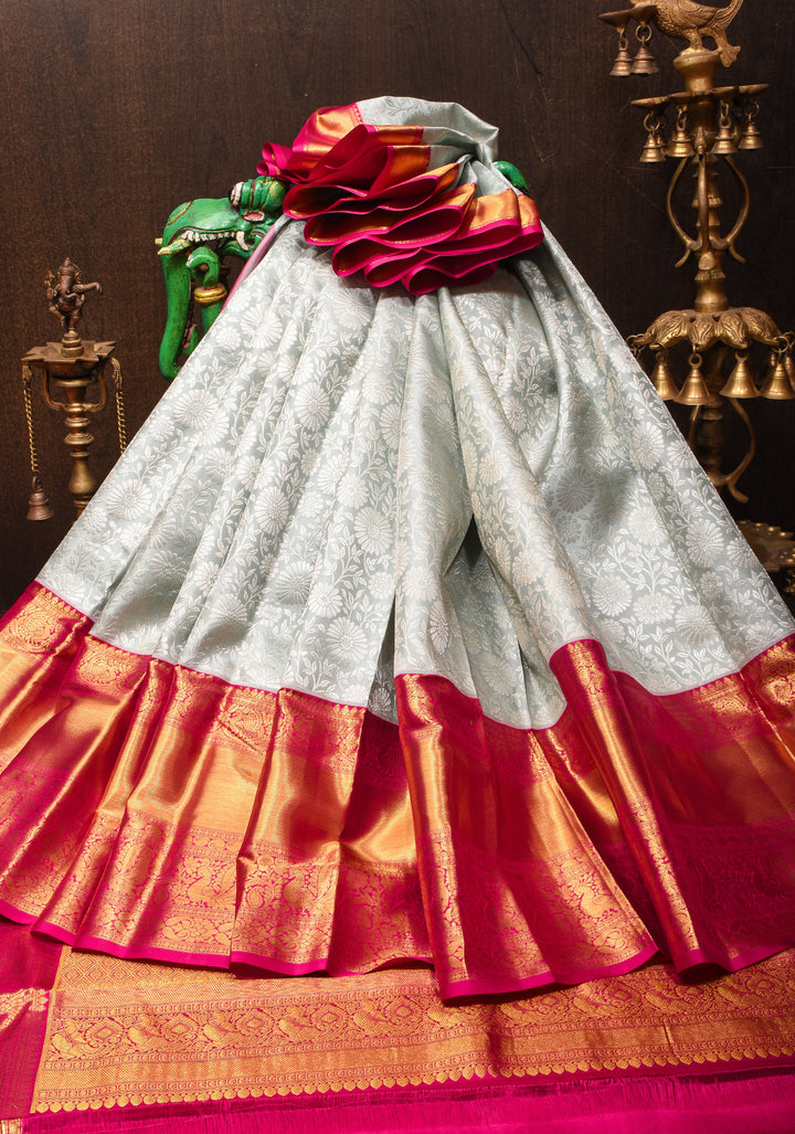 Regal Elegance in Gray Floral Brocade Kanjivaram Silk Saree with Contrast Zari Border | SILK MARK CERTIFIED