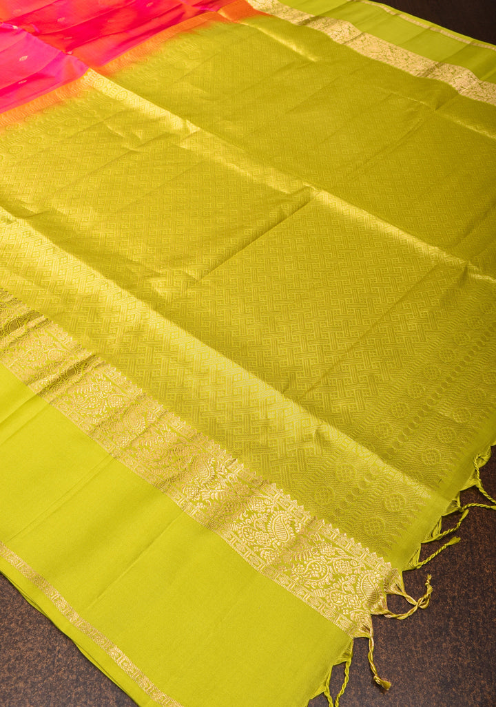 Pink Dual tone Kanjivaram Soft Silk Saree with Zari Buttas and Contrast Zari Border | SILK MARK CERTIFIED