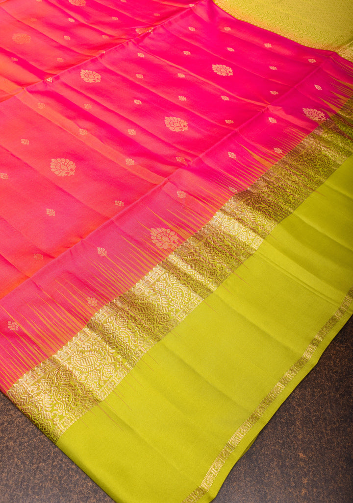 Pink Dual tone Kanjivaram Soft Silk Saree with Zari Buttas and Contrast Zari Border | SILK MARK CERTIFIED