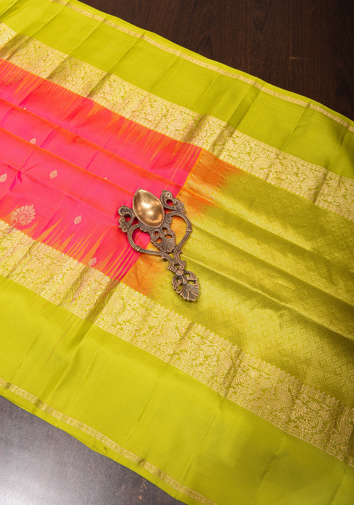 Pink Dual tone Kanjivaram Soft Silk Saree with Zari Buttas and Contrast Zari Border | SILK MARK CERTIFIED