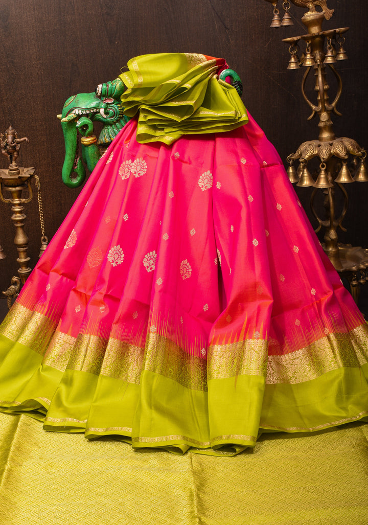 Pink Dual tone Kanjivaram Soft Silk Saree with Zari Buttas and Contrast Zari Border | SILK MARK CERTIFIED