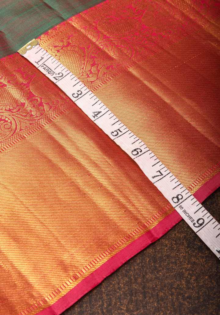 Green Dual Tone Pure Kanjivaram Silk Saree with Damask Motifs and Zari Border | SILK MARK CERTIFIED