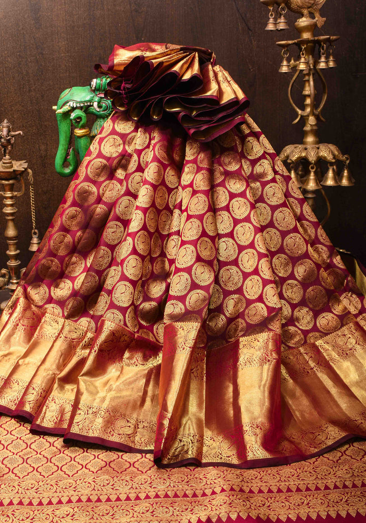 Exquisite Grand Brocade Kanjivaram Pure Silk Saree in Maroon with Intricate Pallu and Zari Border| SILK MARK CERTIFIED