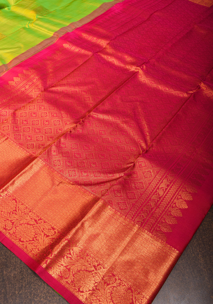 Chartreuse Kanjivaram Silk Saree with Zari Buttas and Zari Border | SILK MARK CERTIFIED