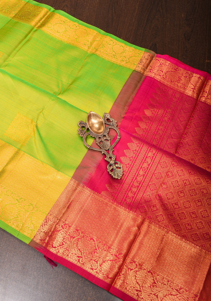 Chartreuse Kanjivaram Silk Saree with Zari Buttas and Zari Border | SILK MARK CERTIFIED