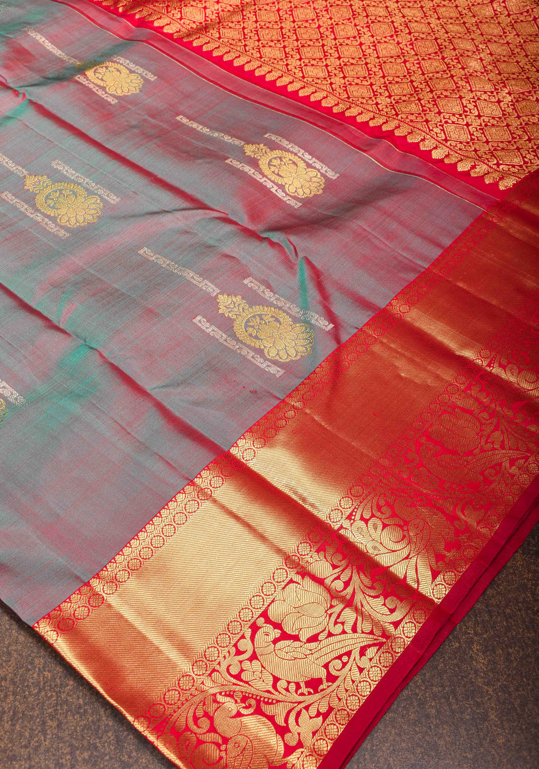 Gray Dual Tone Kanjivaram Pure  Silk Saree with Zari Detailing and Contrast Red Zari Border | SILK MARK CERTIFIED