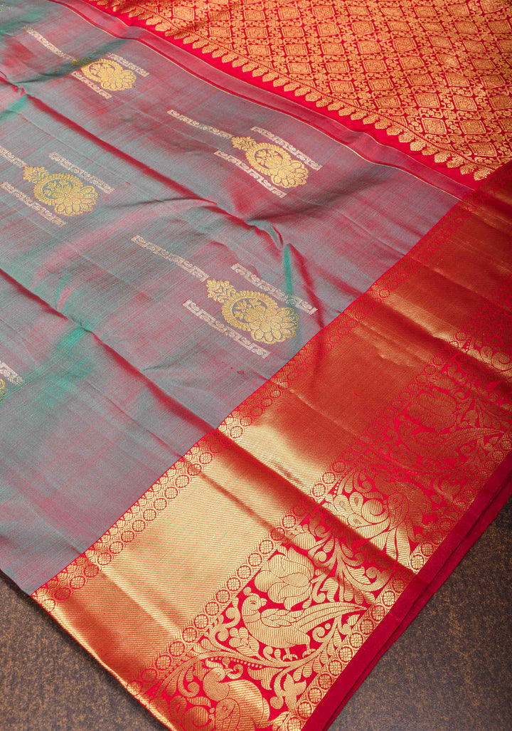 Gray Dual Tone Kanjivaram Pure  Silk Saree with Zari Detailing and Contrast Red Zari Border | SILK MARK CERTIFIED