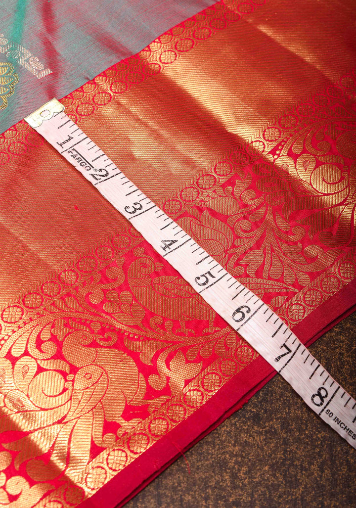 Gray Dual Tone Kanjivaram Pure  Silk Saree with Zari Detailing and Contrast Red Zari Border | SILK MARK CERTIFIED