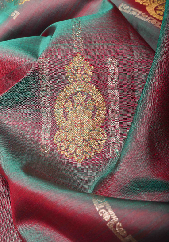 Gray Dual Tone Kanjivaram Pure  Silk Saree with Zari Detailing and Contrast Red Zari Border | SILK MARK CERTIFIED