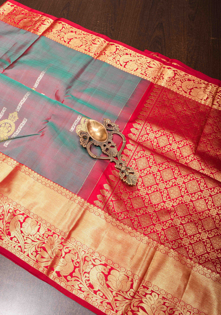 Gray Dual Tone Kanjivaram Pure  Silk Saree with Zari Detailing and Contrast Red Zari Border | SILK MARK CERTIFIED