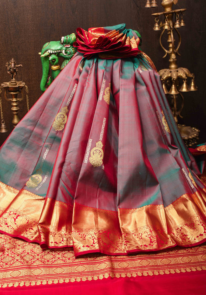 Gray Dual Tone Kanjivaram Pure  Silk Saree with Zari Detailing and Contrast Red Zari Border | SILK MARK CERTIFIED