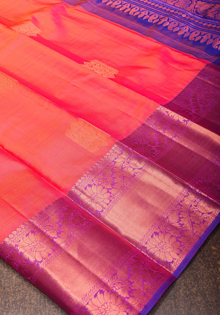 Pink Dual tone Kanjivaram Silk Saree with Damask Motifs and Contrast Zari Border| SILK MARK CERTIFIED