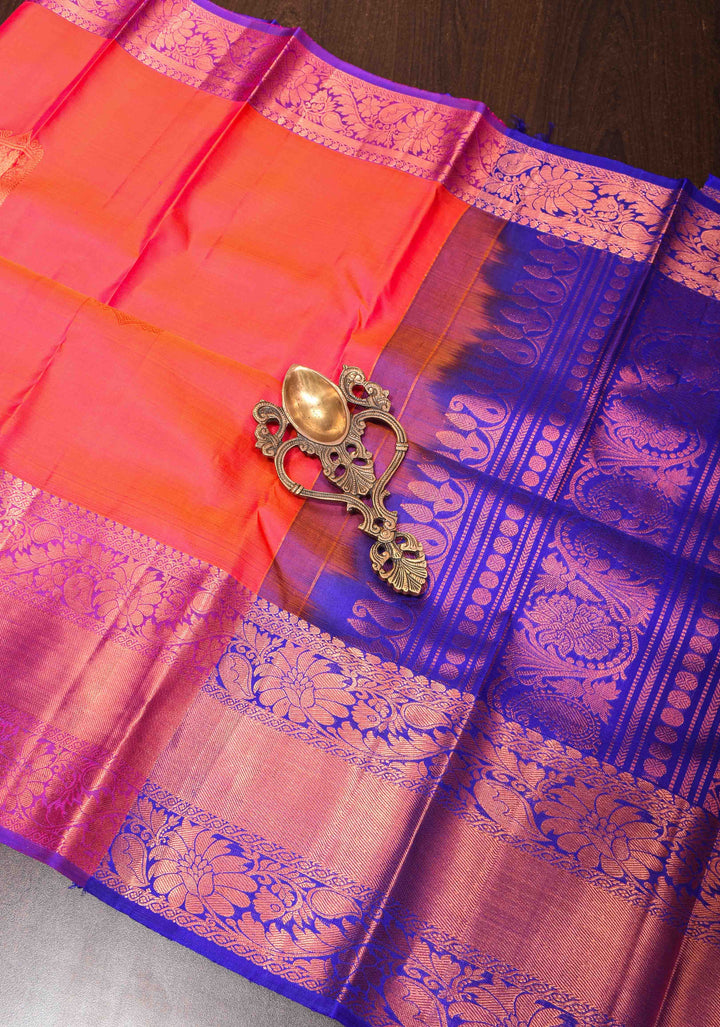 Pink Dual tone Kanjivaram Silk Saree with Damask Motifs and Contrast Zari Border| SILK MARK CERTIFIED