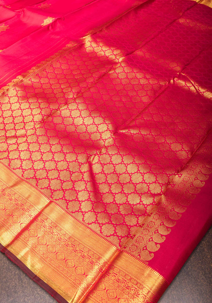Pinkish Red Kanjivaram Silk Saree with Damask Motifs and Contrast Zari Border| SILK MARK CERTIFIED