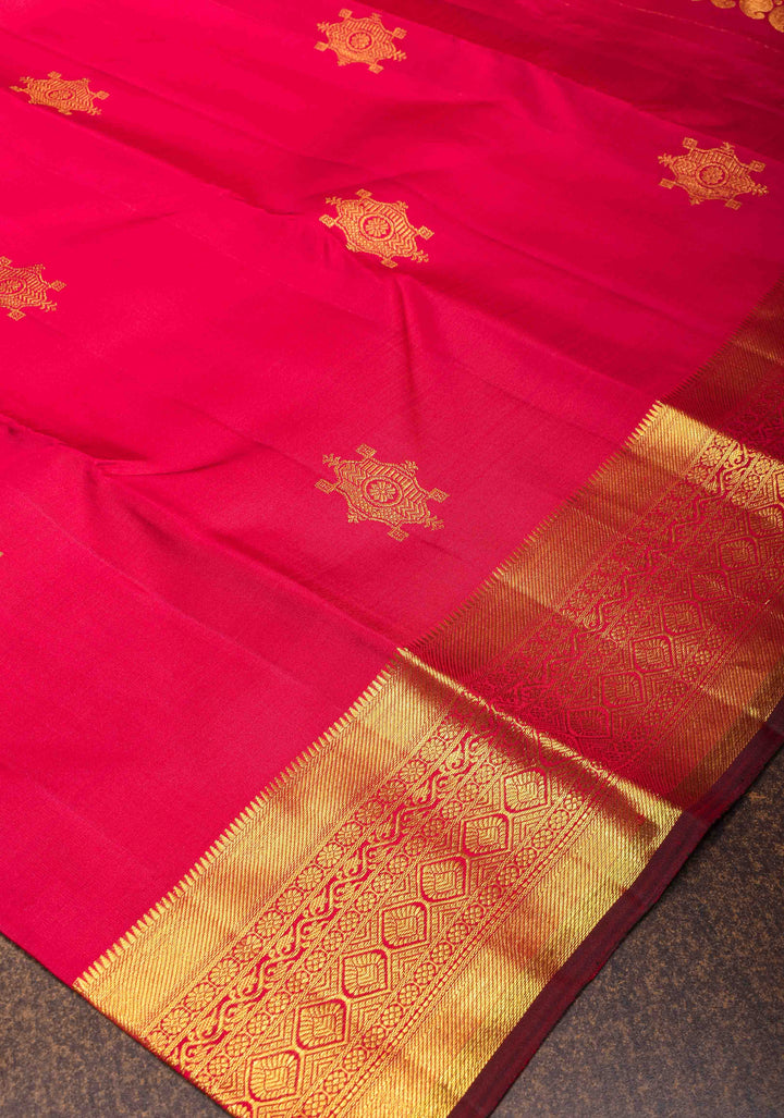 Pinkish Red Kanjivaram Silk Saree with Damask Motifs and Contrast Zari Border| SILK MARK CERTIFIED