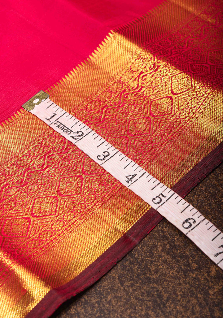 Pinkish Red Kanjivaram Silk Saree with Damask Motifs and Contrast Zari Border| SILK MARK CERTIFIED