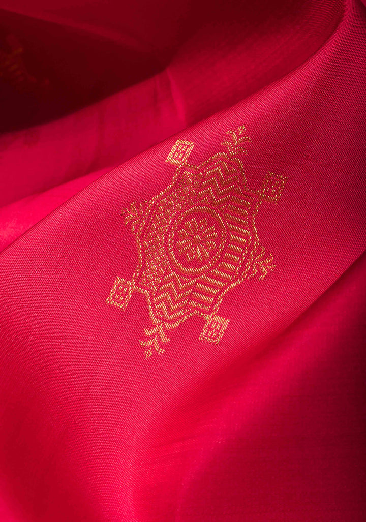 Pinkish Red Kanjivaram Silk Saree with Damask Motifs and Contrast Zari Border| SILK MARK CERTIFIED