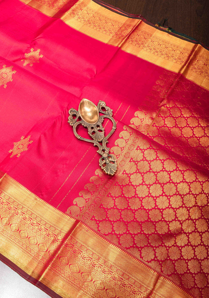 Pinkish Red Kanjivaram Silk Saree with Damask Motifs and Contrast Zari Border| SILK MARK CERTIFIED