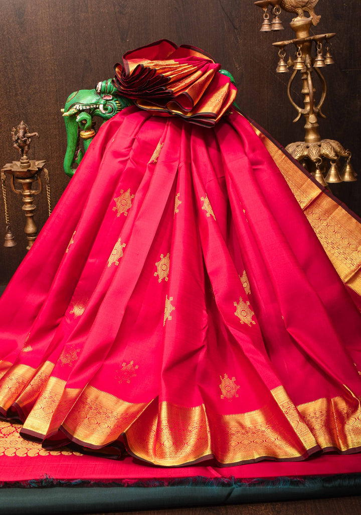 Pinkish Red Kanjivaram Silk Saree with Damask Motifs and Contrast Zari Border| SILK MARK CERTIFIED