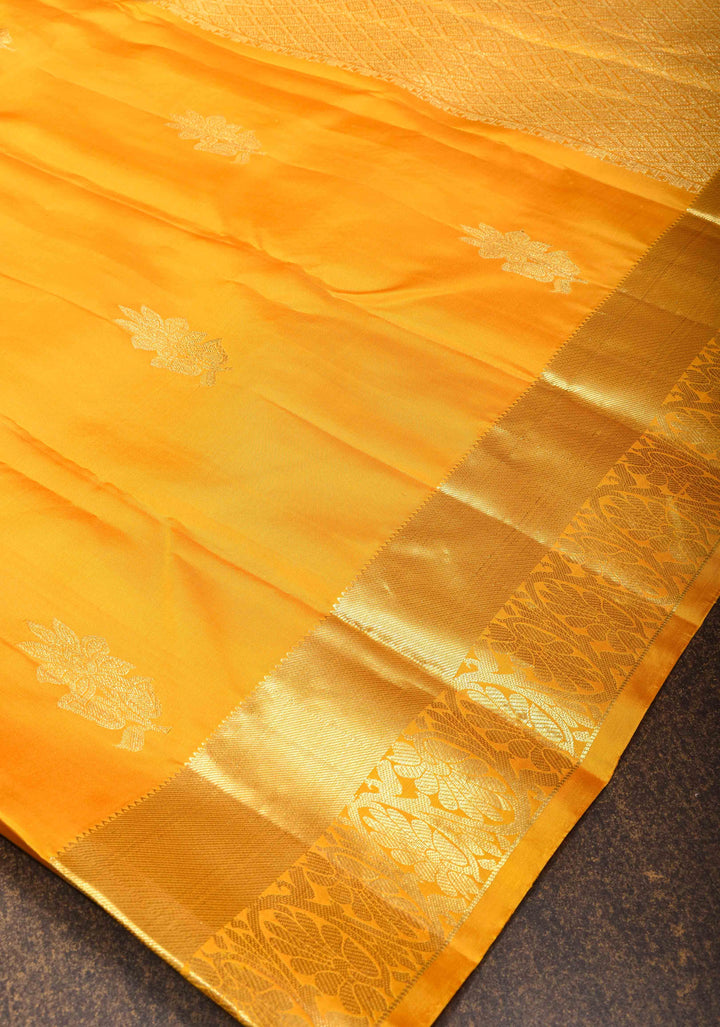 Vibrant Yellow Kanjivaram Silk Saree with Floral Motifs and Zari Border| SILK MARK CERTIFIED