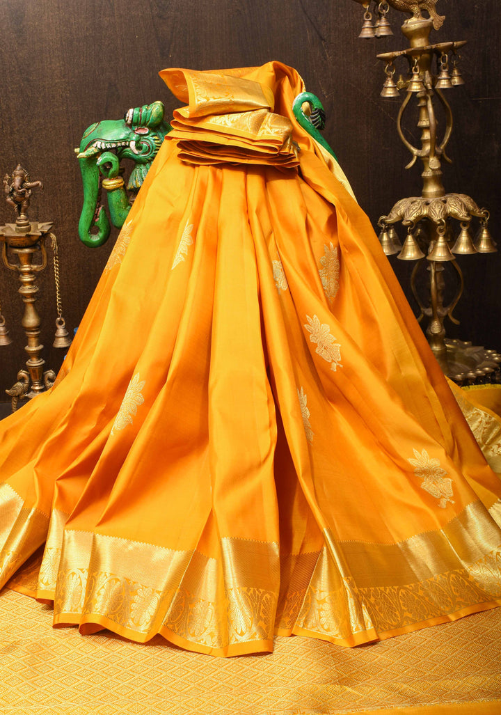 Vibrant Yellow Kanjivaram Silk Saree with Floral Motifs and Zari Border| SILK MARK CERTIFIED
