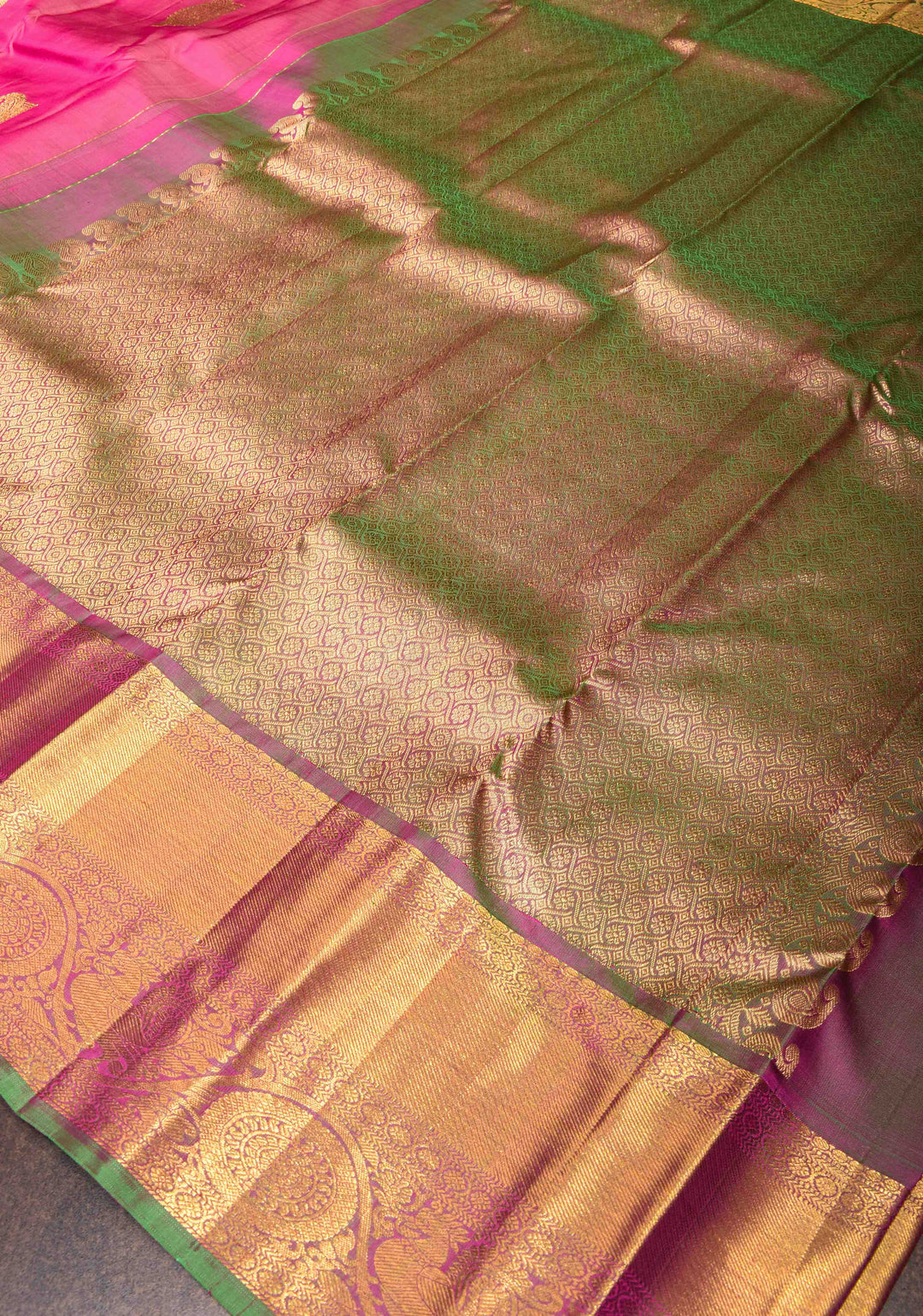 Pink Kanjivaram Silk Saree with Paisley Motifs and Zari Border | SILK MARK CERTIFIED