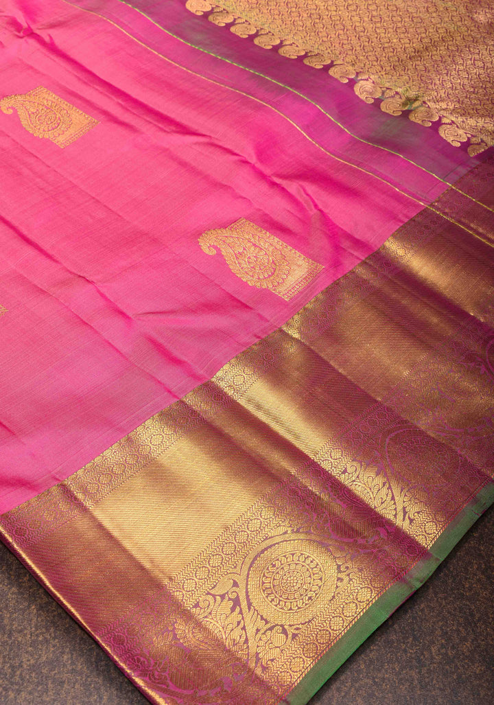 Pink Kanjivaram Silk Saree with Paisley Motifs and Zari Border | SILK MARK CERTIFIED